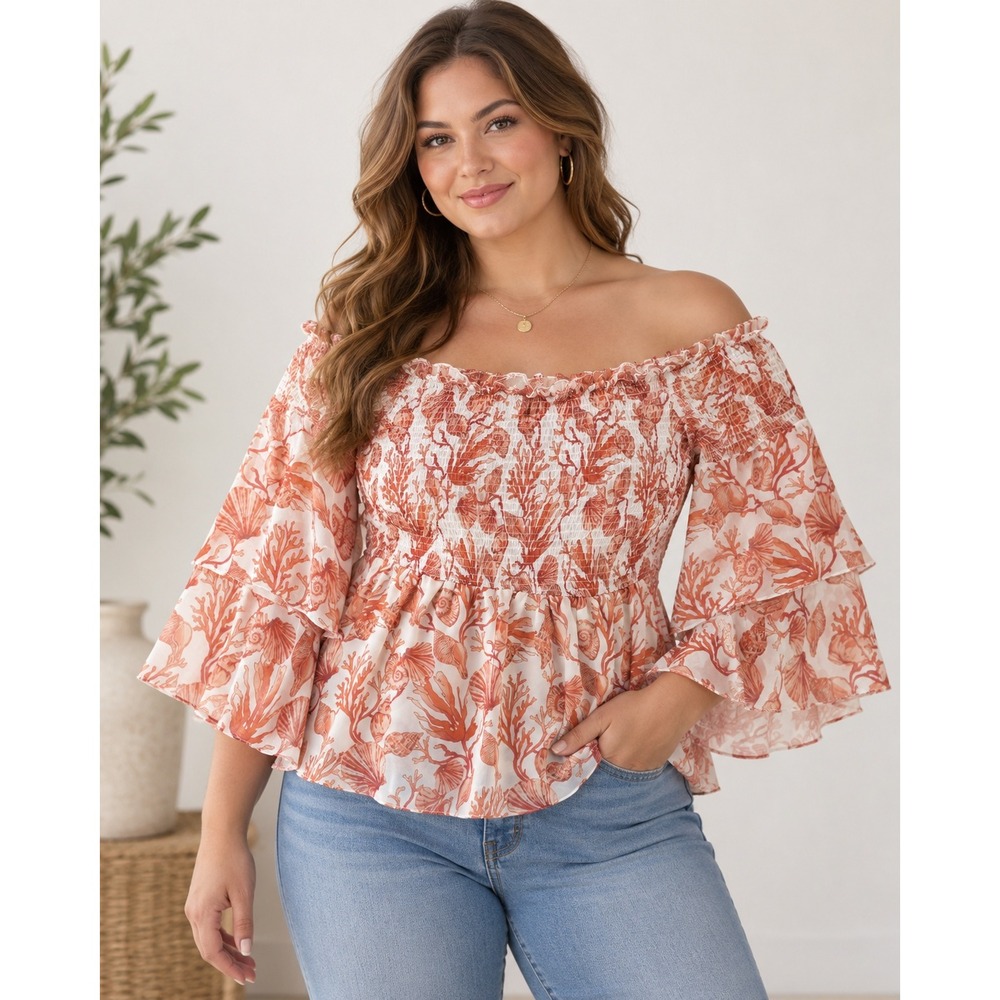 Venus Coral Seashell Print Smocked Off Shoulder Bell Sleeve Top Large